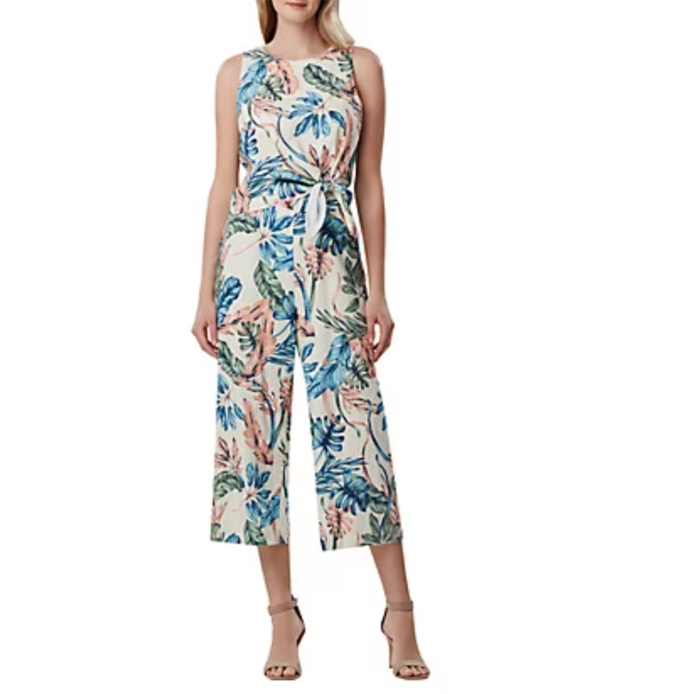 Tahari ASL Sleeveless Printed Linen  Jumpsuit
